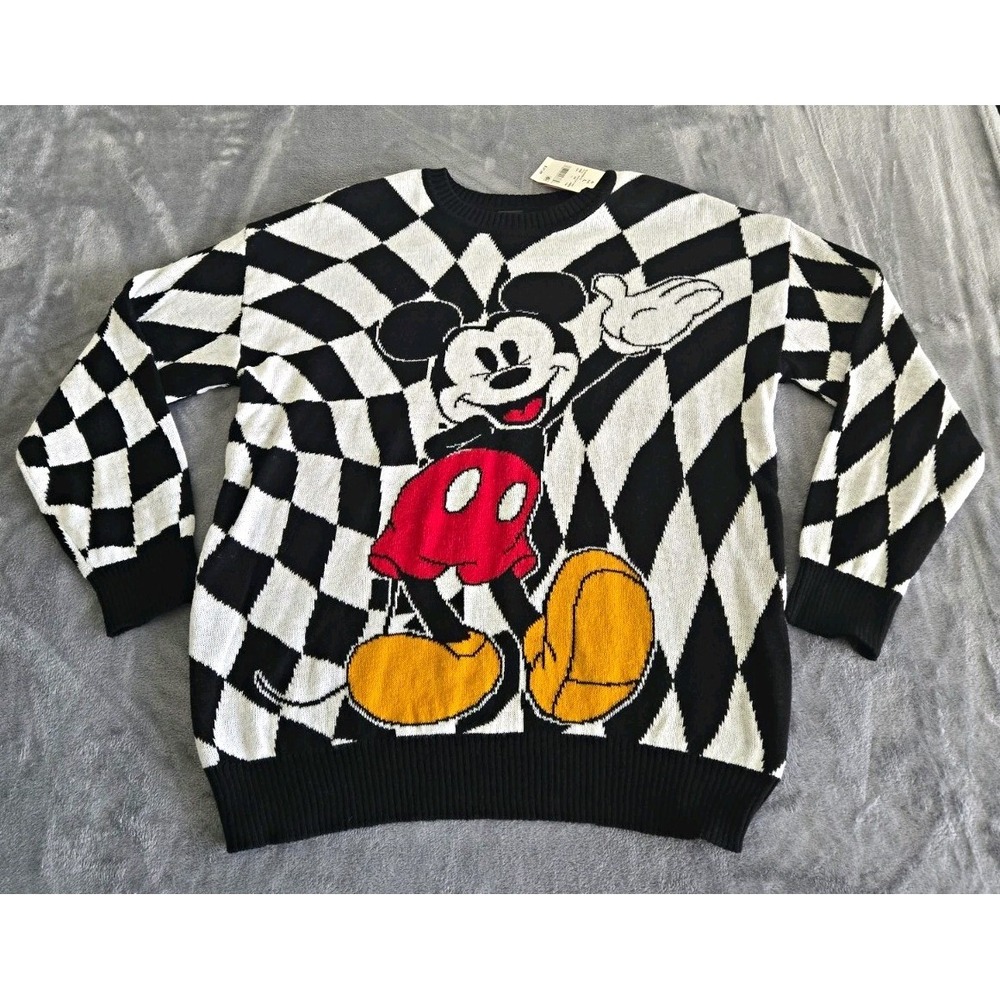 Disney Mickey Mouse Jacquard Knit Crew Neck Pullover Sweater L Black White NWT